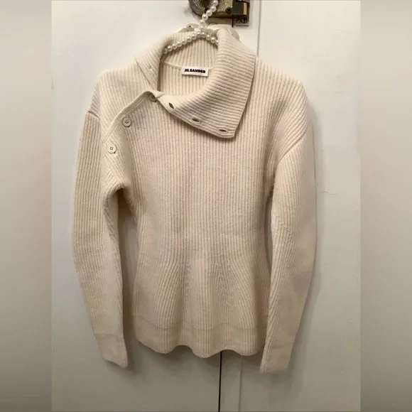 Jil Sander Asymmetric Button Turtleneck Knit Sweater Ivory Long Sleeve Sz 34-S/M - Picture 14 of 16